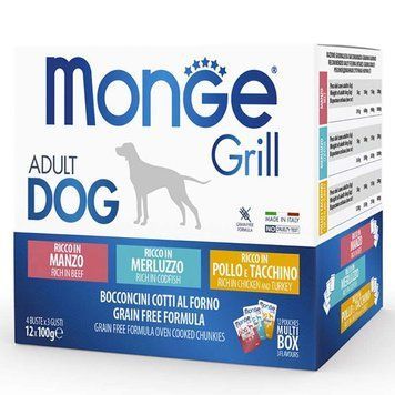 Monge Grill Multipack Chicken&Turkey&Beef&Cod Fish &ndash; Набір павуків з куркою, індичкою, яловичиною, тріскою для собак великих порід 12шт 1,2кг 70017510 фото