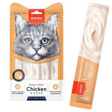 Wanpy Creamy Lickable Treats Chicken & Crab ВАНПІ КУРКА З КРАБОМ рідкі ласощі для котів , 70г, в пакунку 5 стіків по 14 г RAC-56 фото