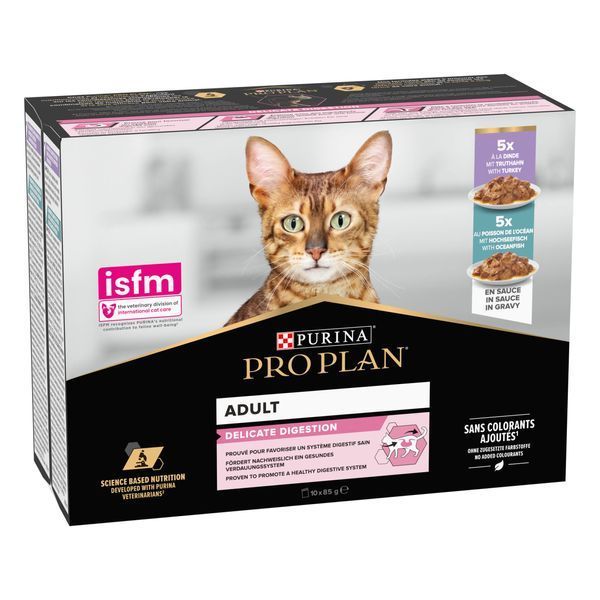Вологий корм PRO PLAN Delicate Digestion для дорослих котів з чутливим травленням, шматочки у підливці, з індичкою, з океанічною рибою, 10x85 г 8445290855817 фото
