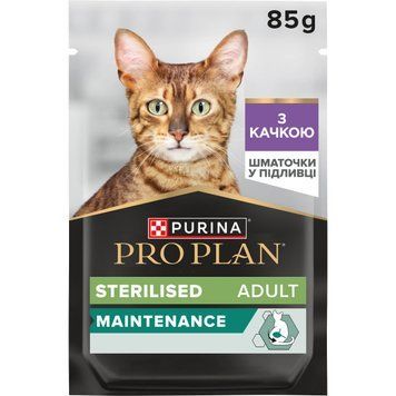 Вологий корм PRO PLAN Sterilised для дорослих стерилізованих котів, шматочки у підливці, з качкою, 85 г 8445290968326 фото