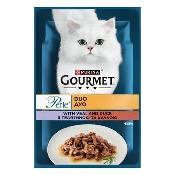 Влажный корм GOURMET Perle Duo для взрослых кошек, мини филе в соусе, с телятиной и уткой, 85 г 8445291187719 фото