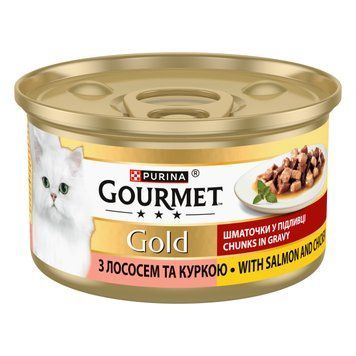 Вологий корм GOURMET Gold для дорослих котів, шматочки у підливці, з лососем та куркою, 85 г 7613032618674 фото