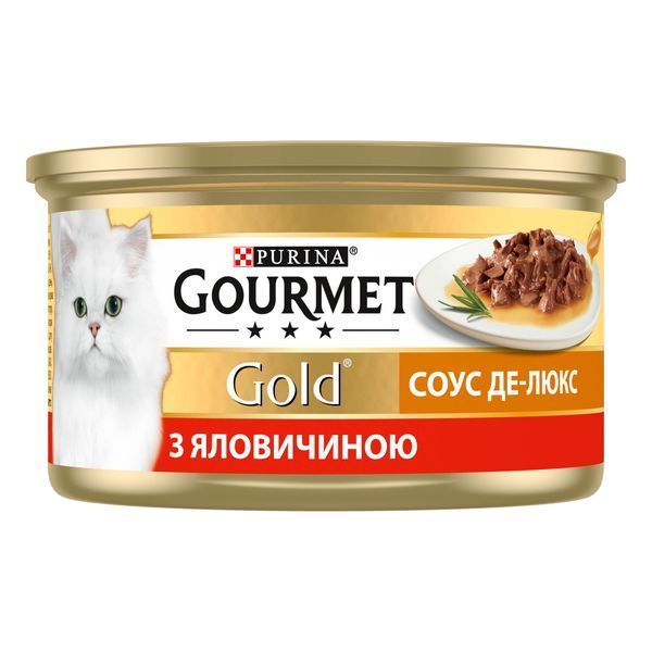 Вологий корм GOURMET Gold "Соус Де-Люкс" для дорослих котів, шматочки в соусі, з яловичиною, 85 г 7613036705134 фото