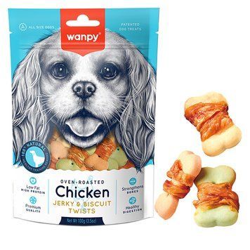 Wanpy Chicken Jerky & Biscuit Twists ВАНПИ БИСКВИТ С ВЯЛЕНОЙ КУРИЦЕЙ печенье, лакомство для собак , 0.1 кг. BA-04H фото