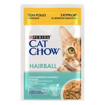 Вологий корм CAT CHOW Hairball для дорослих котів для зменшення утворення кульок шерсті у травному тракті, шматочки у підливці, з куркою та зеленою квасолею, 85 г 7613037031393 фото