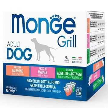 Monge Grill Adult Dog Multipack Lamb&Pork&Salmon &ndash; Набір павуків з ягнятком та овочами, свининою, лососем для собак великих порід 12шт 1,2кг 70017503 фото